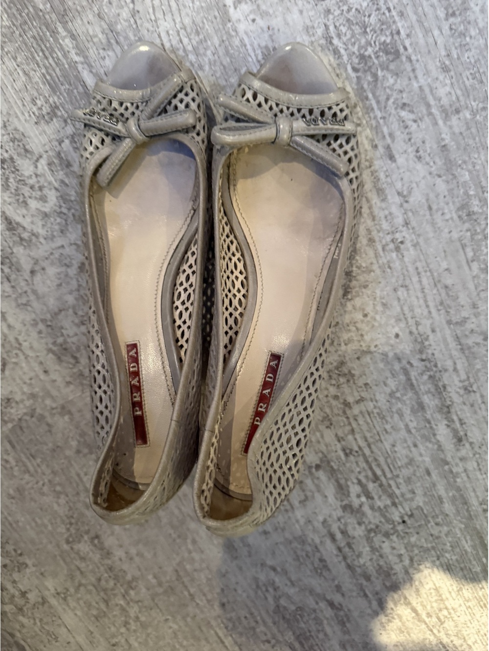 Vintage Prada Bow Peep Toe Wedge Sandals grey leather 36 6